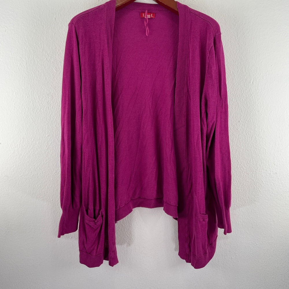 Elle Womens XL Fuchsia Pink Open Front Draped Cardigan Cotton Blend Knit Pockets